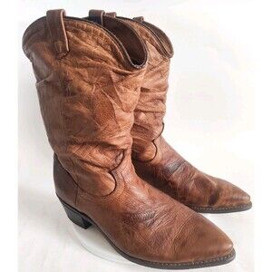 Acme Cowgirl Boots Size 9 Distressed Tan Leather Western Slouchy Cowboy Vintage